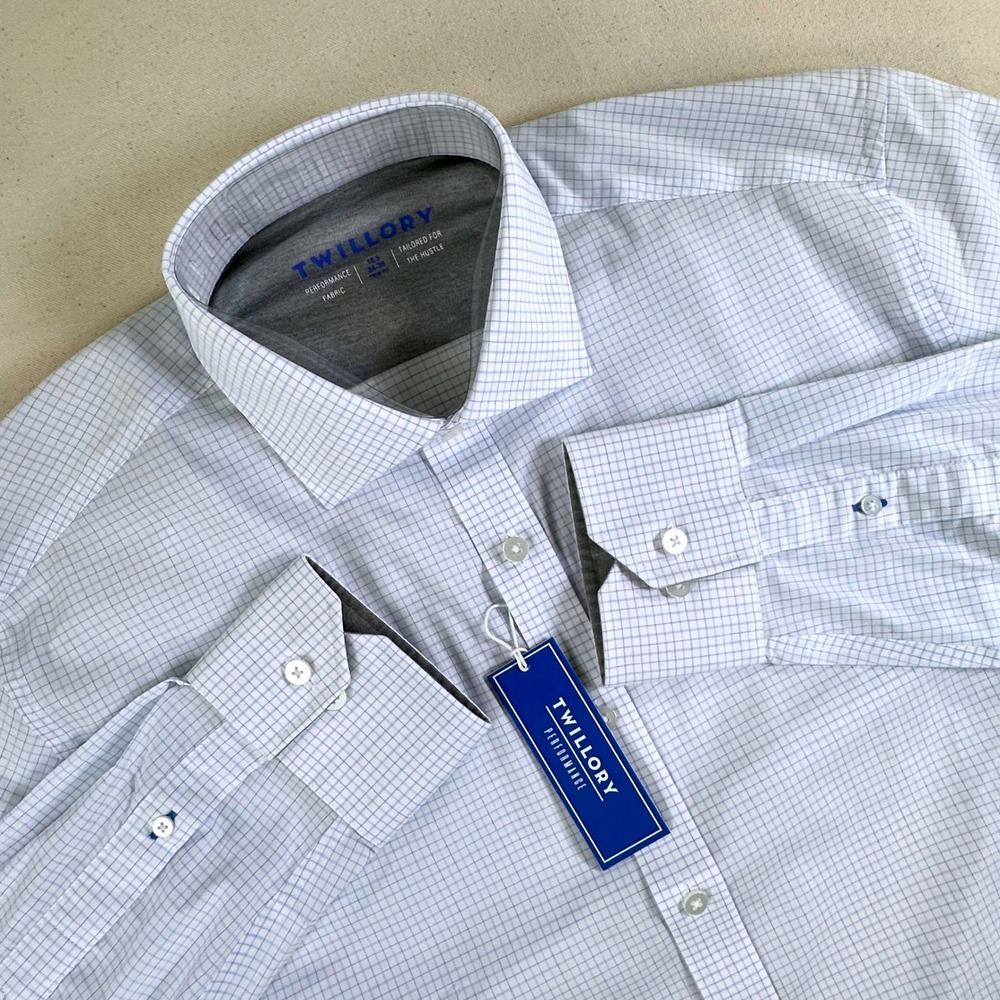 Twillory Performance Dress Shirt Mens 16.5 34/35 Trim Fit Blue White Grid Check